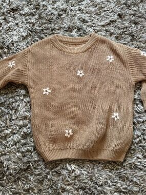 Amazon Girls Tan Knit Sweater with White Flower Appliques